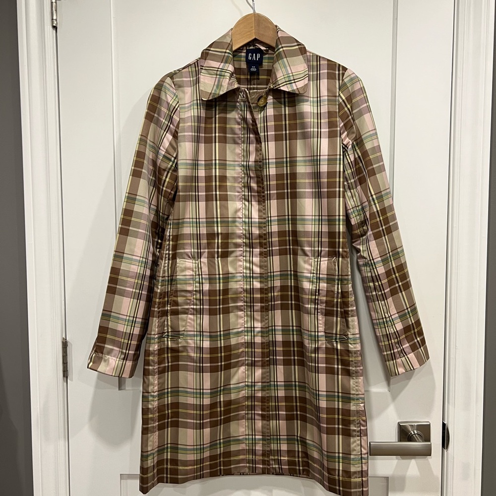 GAP Women's Trench Coat - Brown and Pink Plaid